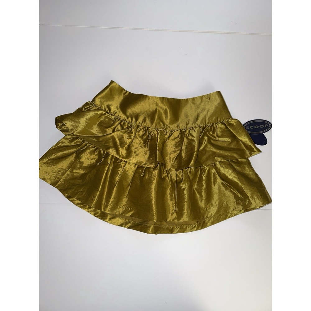 Scoop Women Medium Tiered Ruffle Mini Skirt Olive Green Yellow Elastic Party NWT